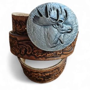 Wyoming Studio Art Works Vintage 1976 Moose Belt Buckle and Tooled Belt Size 38